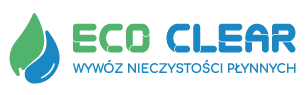 Logo z napisem "ECO CLEAN" w kolorze zielonym i niebieskim, pod którym znajduje się mniejszy napis "WYWÓZ NIECZYSTOŚCI PŁYNNYCH". Po lewej stronie logo znajduje się symbol w kształcie dwóch kropli – jedna zielona, druga niebieska. Tło jest przezroczyste.